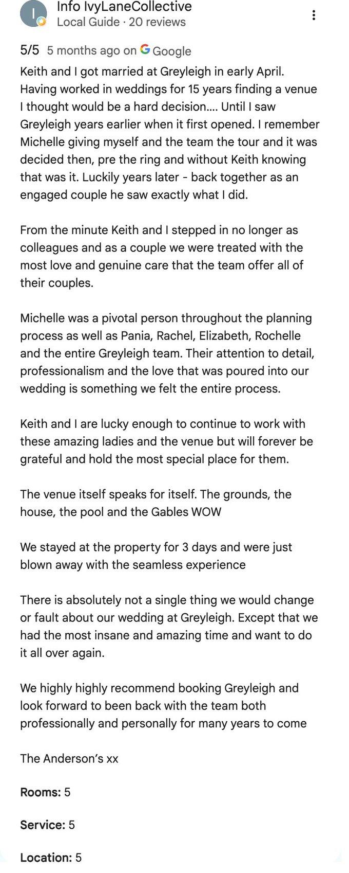Five-star Google review from Info IvyLaneCollective, who married at Greyleigh