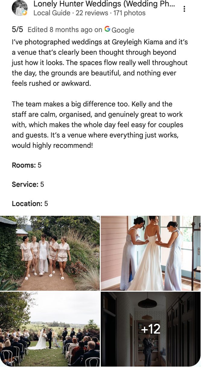 Five-star Google review from Lonely Hunter Weddings, a wedding photographer
