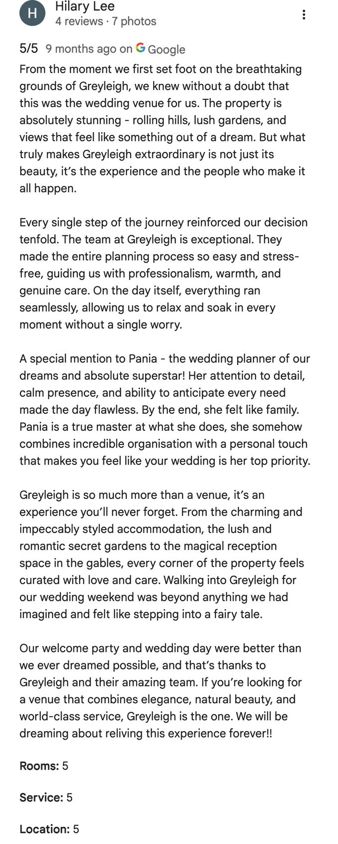 Five-star Google review from Hilary Lee